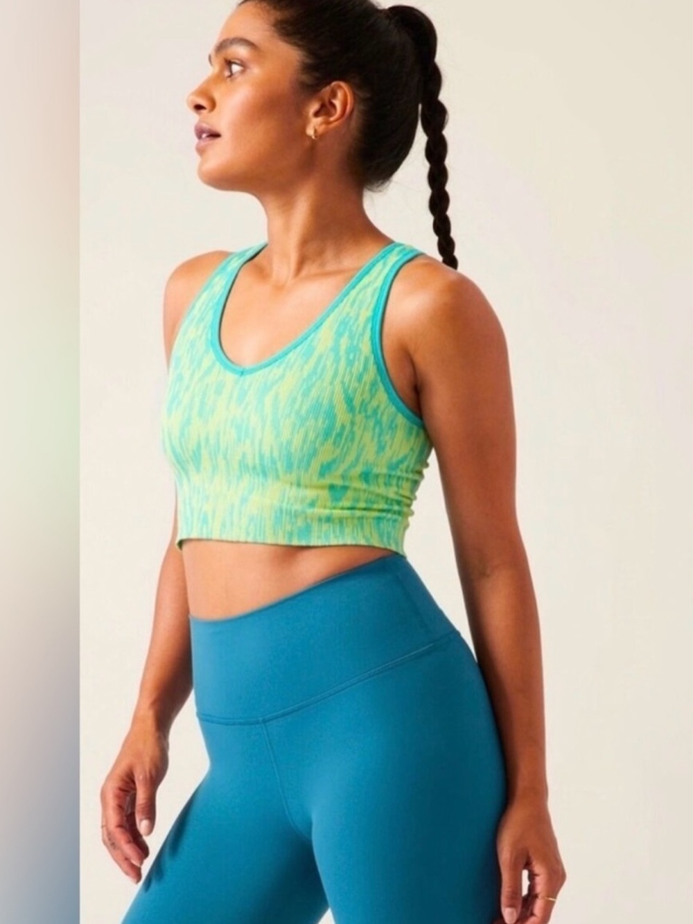 NWT Athleta Aurora Crop Rib Tank Patterned Camisole Teal & Yellow Women’s Size S